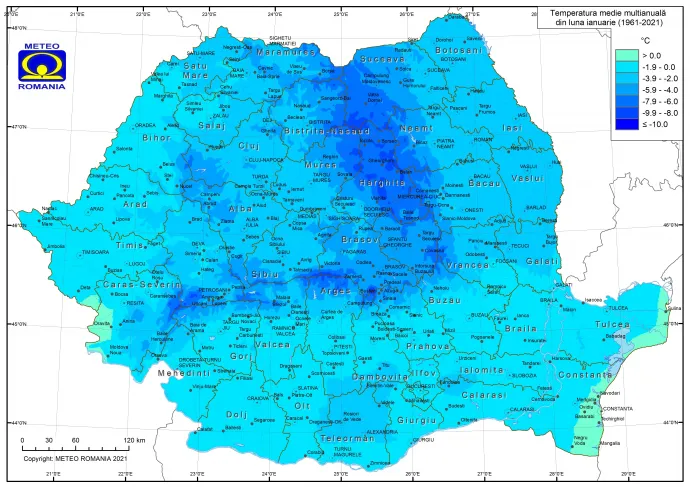 Az 1961-2021 között mért januárok átlaghőmérsékletei – Forrás: Meteo Romania