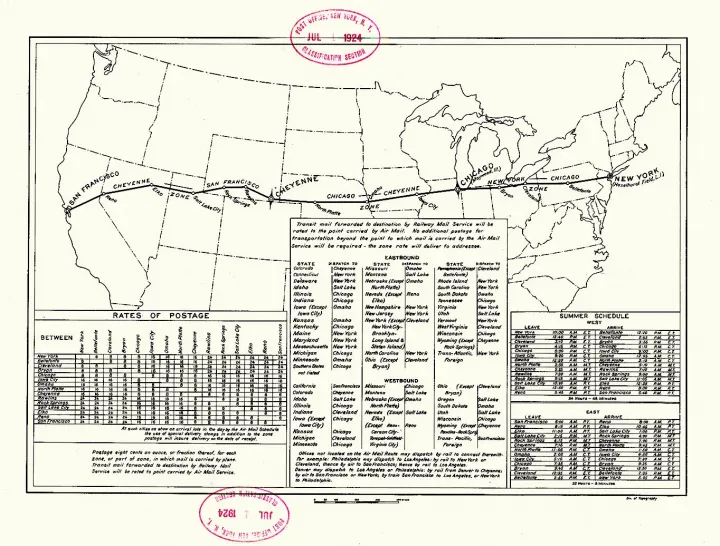 Az 1924. július 1-jén megnyitott első transzkontinentális légiposta útvonalának térképe – Forrás: The Cooper Collection of Aero Postal History / Wikimedia Commons