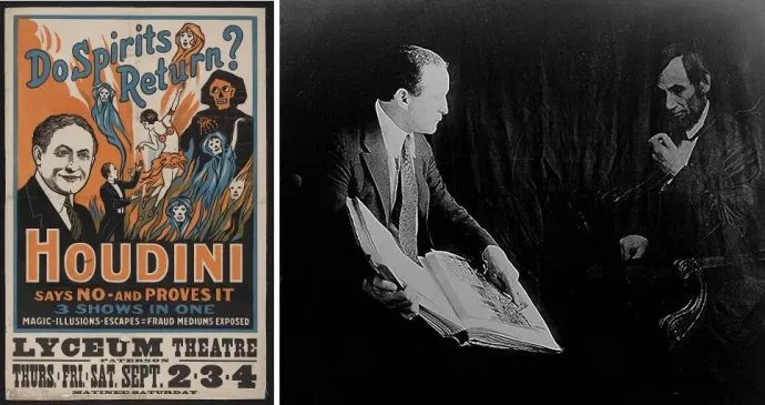 Houdini egyik leleplező műsorának plakátja, illetve a műsor egyik szellemidéző trükkje – Fotó: Library of Congress és Wikipedia