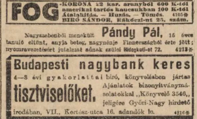 The notice posted about the missing Pál Pándy in Pesti Hírlap – Source: Pesti Hírlap, November 1920 (vol. 42, editions 259-282) / Arcanum