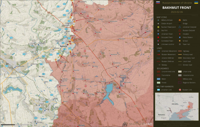 A Bahmut körüli front helyzete február 6-i, esti állás szerint. Forrás: Militrayland.net