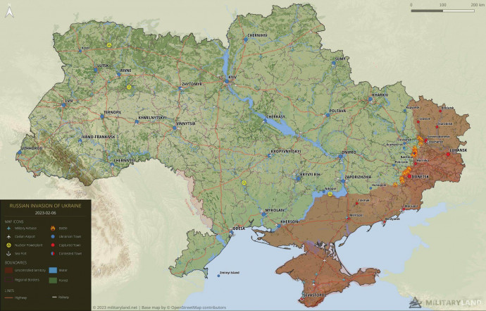 Ukrajna és (barnával) az orosz megszállás alatt lévő területei február 6-án. Forrás: Militaryland.net