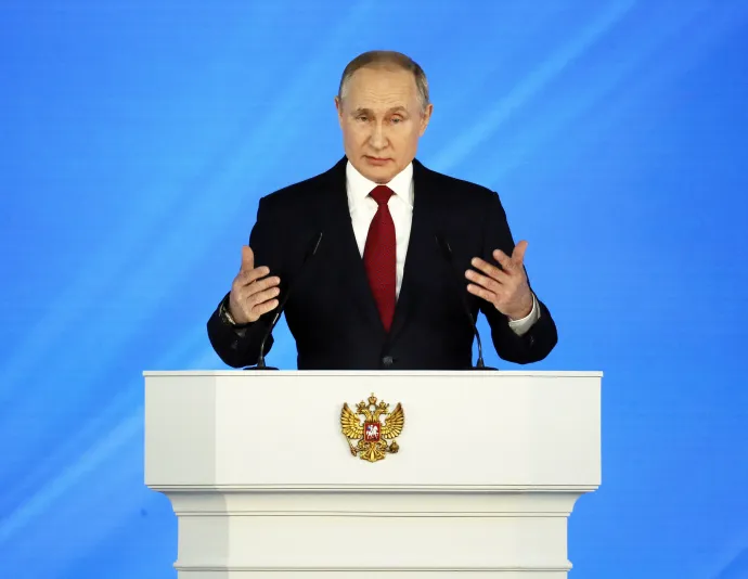 Vlagyimir Putyin orosz elnök éves beszédét mondja a parlament két háza előtt 2020-ban – Fotó: Jurij Kocsetkov /MTI / EPA