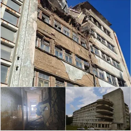 A beomlott épületről készült első felvételek – Forrás: képernyőmentés a Román Televízió által közölt felvételekből