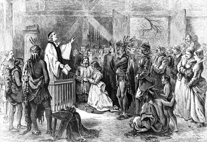 Egy 19. századi fametszeten John Rolfe és Pocahontas házasságot köt – Fotó: Ullstein Bild / Getty Images