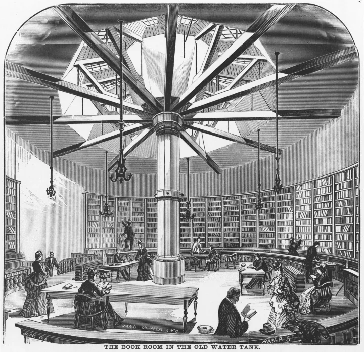 Metszet a régi víztartályban lévő könyvterem belsejéről, ami a Chicagói Közkönyvtár ideiglenes helyiségeként szolgált a nagy chicagói tűzvész után 1873 – Fotó: Chicago History Museum / Getty Images