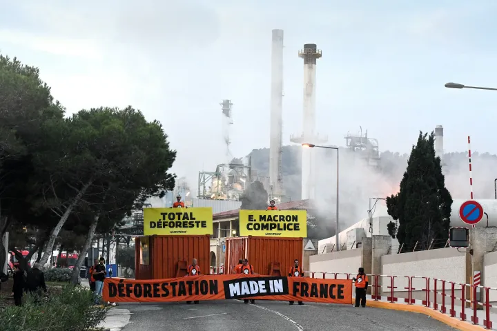 Környezetvédelmi aktivisták tiltakoznak a Total Marseille melletti biofinomítójánál a cég pálmaolajimportjának éves mértéke ellen – Fotó: Boris Horvat / AFP