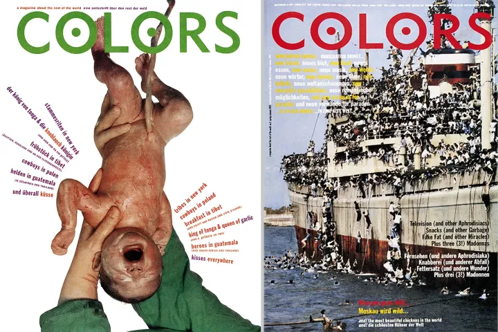A legelső Colors magazin borítója és egy másik, amelyen egy menekültekkel zsúfolt hajó látható és már akkor a migráció problémáját boncolgatta – Fotó: Benetton
