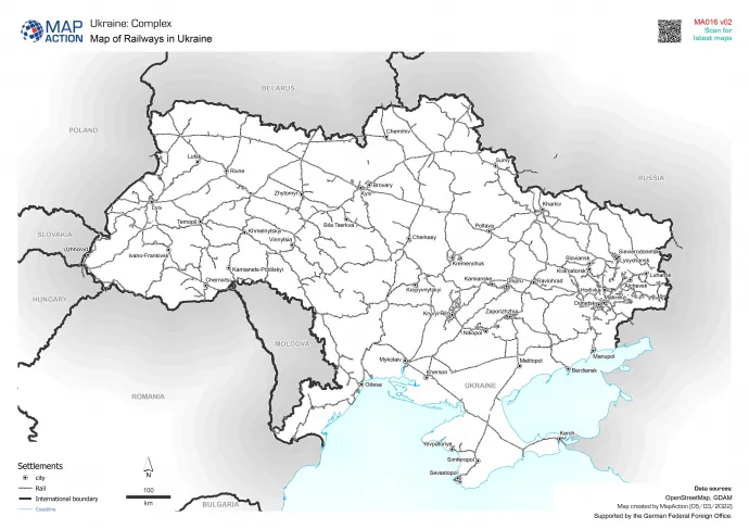 Ukrajna vasúti hálózata – Forrás: mapaction.org