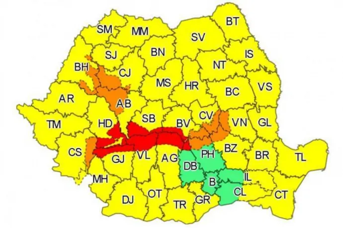  Hétfői figyelmeztetés és az érintett megyék – Fotó: Országos Meteorológiai Szolgálat (ANM) weboldala 