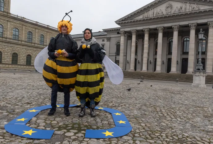 Méhjelmezben hirdetik a "Mentsük meg a méheket és a gazdákat" európai polgári kezdeményezést Münchenben, 2019. novemberében – Fotó: Peter Kneffel / DPA / AFP