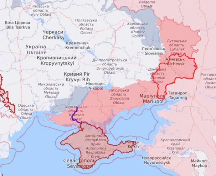 Az ukrajnai háború állása. Piros: elfoglalt területek. Kék: visszafoglalt területek. Forrás: Liveuamap