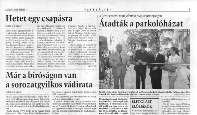A Délmagyarország című szegedi napilap beszámolt róla, hogy a város vezetői nem mentek el a megnyitóra – Forrás: Arcanum Digitális Tudománytár / Délmagyarország, 2003. május 7.