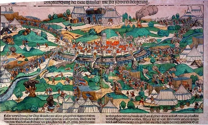 Münster 1534-es ostroma Erhard Schön korabeli metszetén – Forrás: Westfälisches Landesmuseum für Kunst und Kulturgeschichte Münster / Wikipedia
