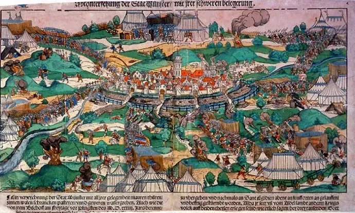 Münster 1534-es ostroma Erhard Schön korabeli metszetén – Forrás: Westfälisches Landesmuseum für Kunst und Kulturgeschichte Münster / Wikipedia