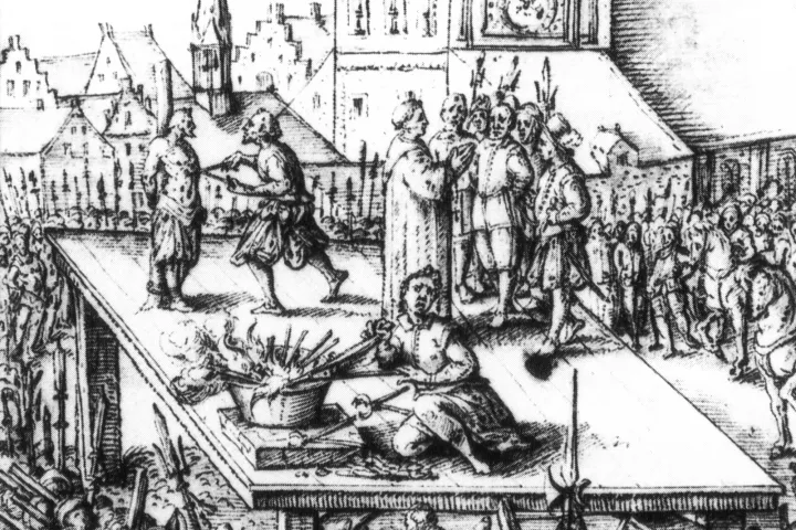 A münsteri lázadás vezetőinek kivégzése – Georg Berger tollrajza 1607-ből – Forrás: Münsteri Városi Levéltár / Wikipedia