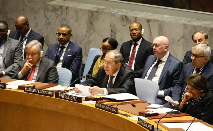 Szergej Lavrov a Biztonsági Tanács megbízott elnöke az ENSZ BT ülésén az ENSZ székházában, New Yorkban 2023. április 24-én – Fotó: Yasushi Kaneko / Yomiuri / AFP