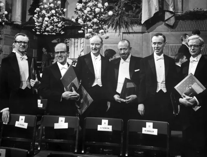 AZ 1962-es Nobel-díjasok, bal szélen Maurice Wilkins – Fotó: Pressens Bild / AFP