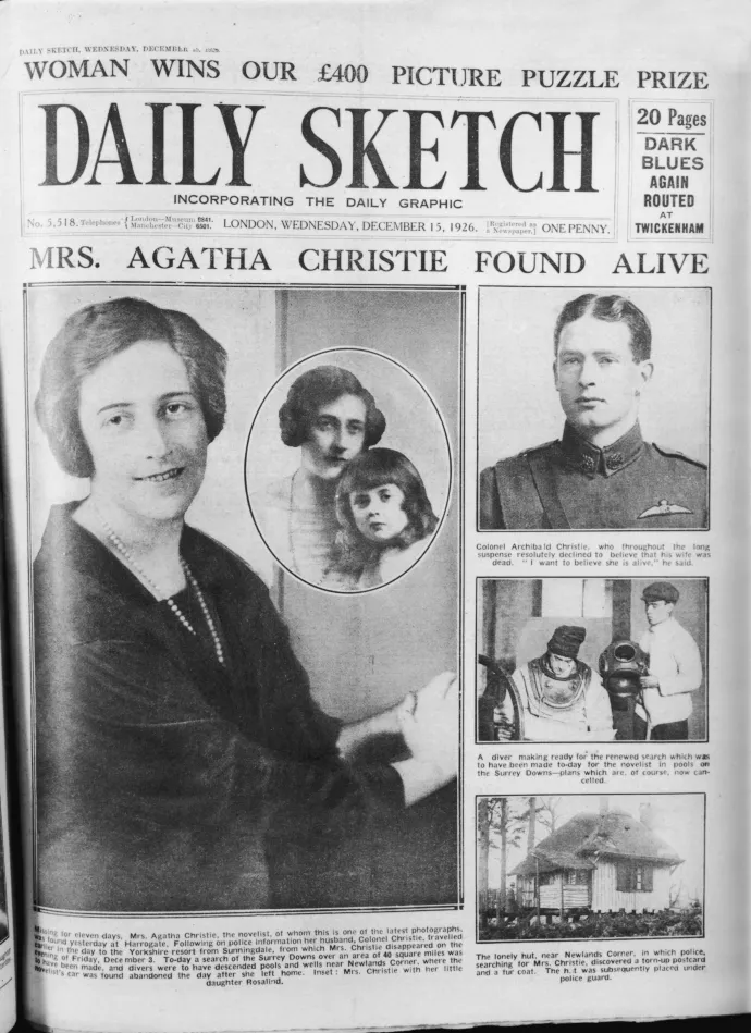 Agatha Christie előkerüléséről szóló cikk, a jobb felső sarokban az írónő férje, Archibald – Fotó: Hulton Archive / Getty Images