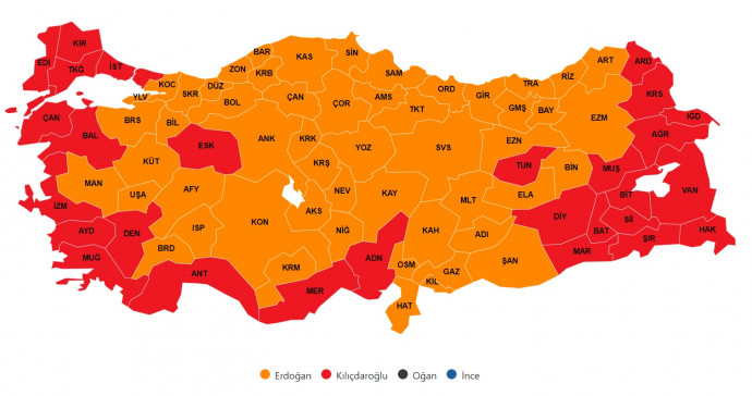 Elnökválasztási térkép a török állami hírügynökség számai alapján, 60 százalék körüli feldolgozottságnál. Forrás: Sözcü