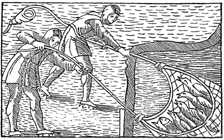 Fecskéket kiszedő halászok egy 1555-ös illusztráción – Forrás: Wikimedia Commons
