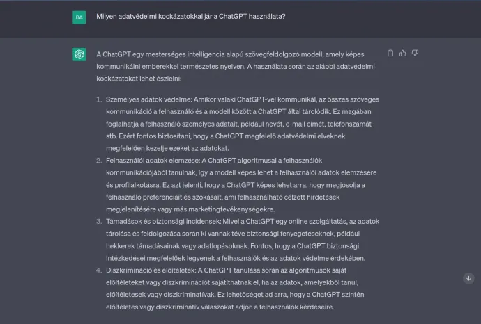 Székely Barnabás kérdésére válaszol a ChatGPT – Forrás: Képernyőmentés