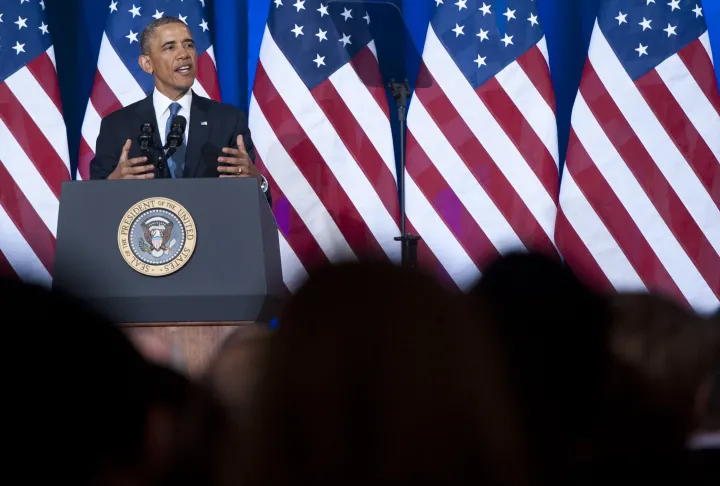 Barack Obama amerikai elnök a Nemzetbiztonsági Ügynökség (NSA) és a hírszerző ügynökségek megfigyelési technikáiról beszél az amerikai igazságügyi minisztériumban Washingtonban 2014. január 17-én – Fotó: Saul Loeb / AFP