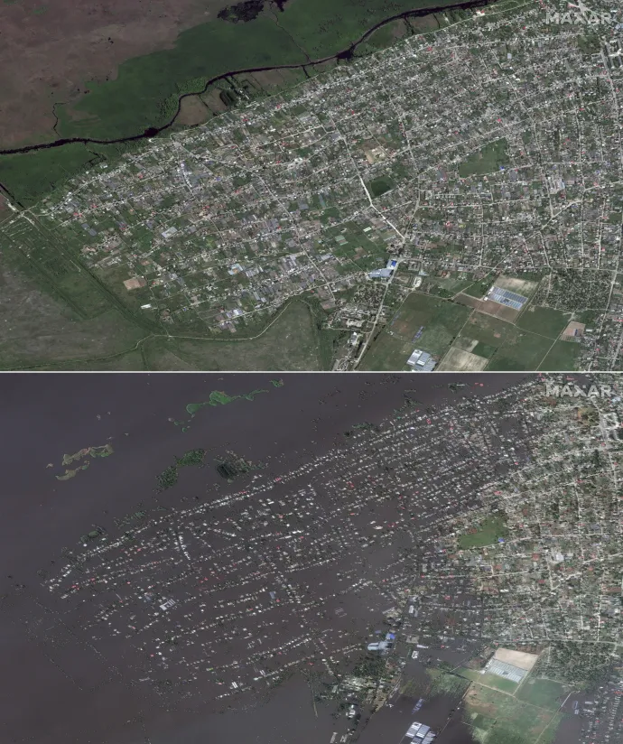 A Maxar Technologies által 2023. június 8-án közreadott kombókép Oleskij településről 2023. május 15-én (felül) és június 7-én, a dél-ukrajnai Herszon megyében lévő, jelenleg orosz ellenőrzés alatt álló Nova Kahovka víztározó részleges megsemmisítése előidézte árvíz után. A gátszakadás okozásával a hadban álló ukránok és oroszok egymást vádolják. Fotó: – / Satellite image ©2023 Maxar Technologies