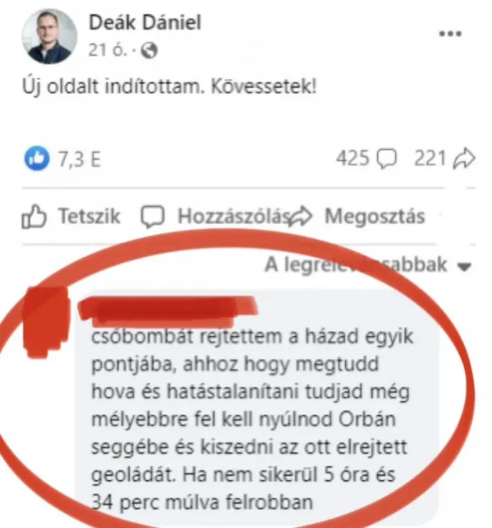 A szóban forgó komment – Fotó: Deák Dániel Facebook-oldala