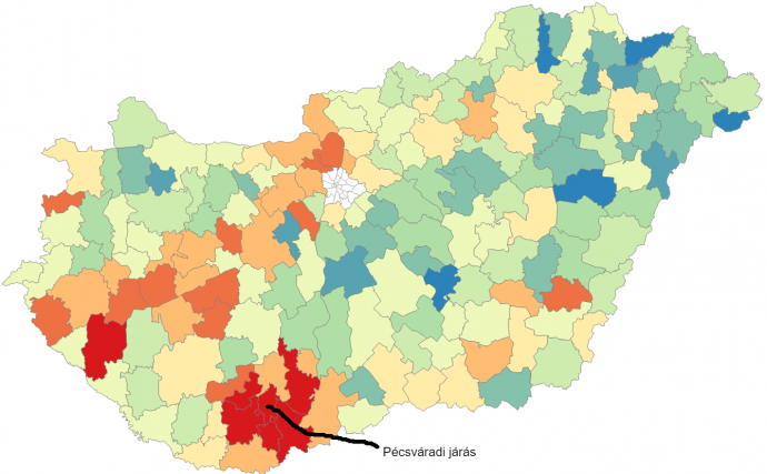 Gyerekszámszületés-változás a járásokban 2009 és 2019 között. A vörös járásokban csökkent a legnagyobb mértékben az újszülöttek száma. Forrás: BME Radar adatbázis