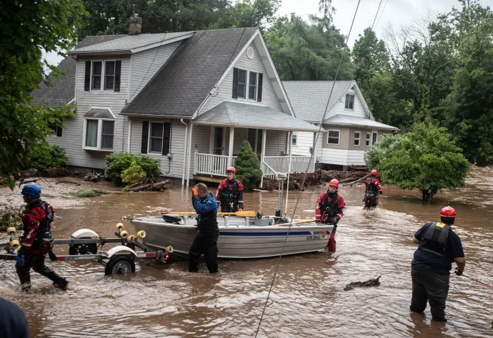 Residents are rescued by boat in Stony Point, New York on July 9, 2023 - Photo by Seth Harrison/Today Network/Reuters