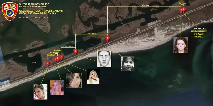 A rendőrség térképe a parton megtalált áldozatokról – Forrás: Suffolk County Government