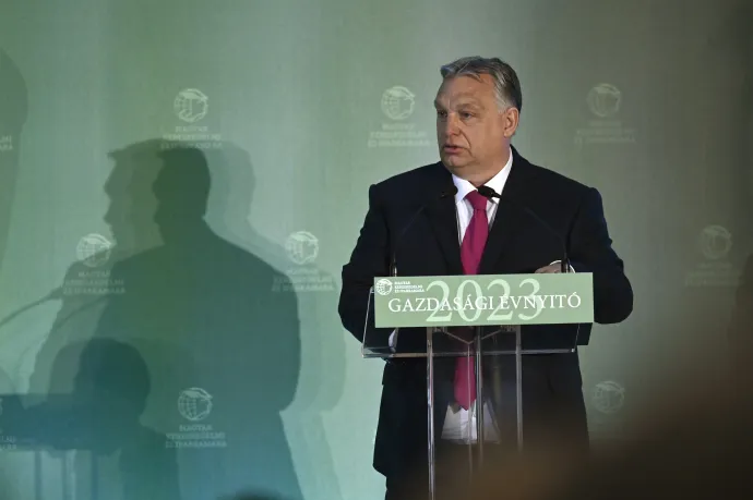 Orbán Viktor miniszterelnök beszédet mond a Magyar Kereskedelmi és Iparkamara évnyitó gazdaságpolitikai fórumán Budapesten 2023. március 9-én – Fotó: Koszticsák Szilárd / MTI
