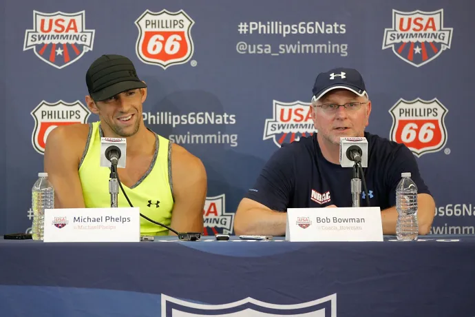 Michael Phelps és Bob Bowman edző a 2014-es Phillips 66 USA Nemzeti Bajnokság sajtótájékoztatóján – Fotó: Joe Scarnici / Getty Images