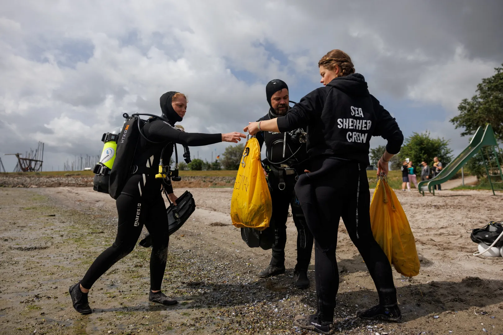 Lea Verfondern tengerifűhajtásokkal teli szatyrokat ad át Angela Stevensonnak és Tadhg O’Corcorának a GEOMAR július eleji kurzusán – Fotó: Lisi Niesner / Reuters