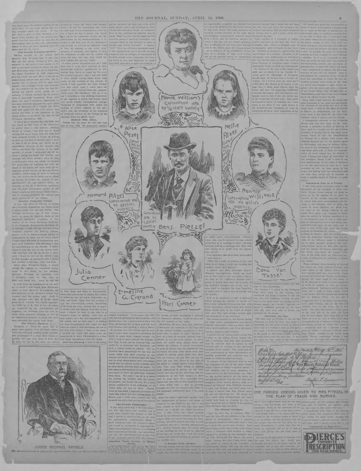 A The Journal (New York) 1896. április 12-én megjelenő cikke Holmes vallomásáról, kézzel rajzolt illusztrációkkal a tárgyalás bírójáról és tíz feltételezett áldozatáról – Forrás: Library of Congress / Wikipedia