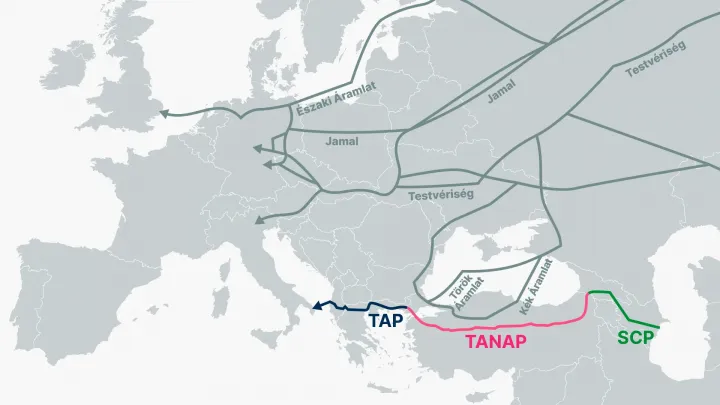 Európába irányuló gázvezetékek – Térkép: Török Virág / Telex