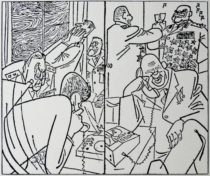 A Frankfurter Allgemeine Zeitungban megjelent korabeli karikatúra, amelyen Hruscsov beszél az amerikaiakkal a forródróton – Forrás: Universal History Archive / Getty Images