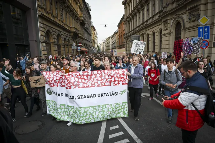 A státusztörvény bevezetése ellen tiltakozó diákok és tanárok menete vonul a Várba 2023. május 3-án – Fotó: Melegh Noémi Napsugár / Telex