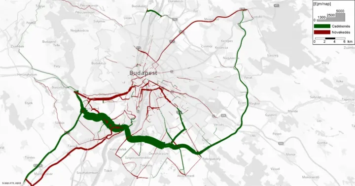 A fővárosi önkormányzat modellje az esetleges változásról. A zöld szín azt jelzi, hogy hol csökken, a piros pedig azt, hol nő a forgalom – Ábra: Budapest Főváros Önkormányzata