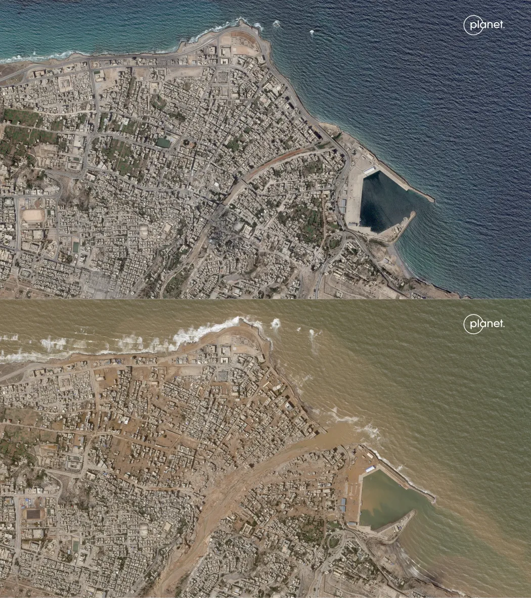 Műholdfelvétel a kelet-líbiai Dernáról szeptember 2-án, és a Daniel vihar tombolása után, szeptember 12-én – Fotó: Planet Labs PBC / AFP