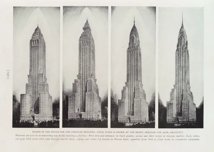 Az épület tervezésének fézisai jobb oldalon a végleges látványtervvel – Forrás: The New York Public Library Digital Collections