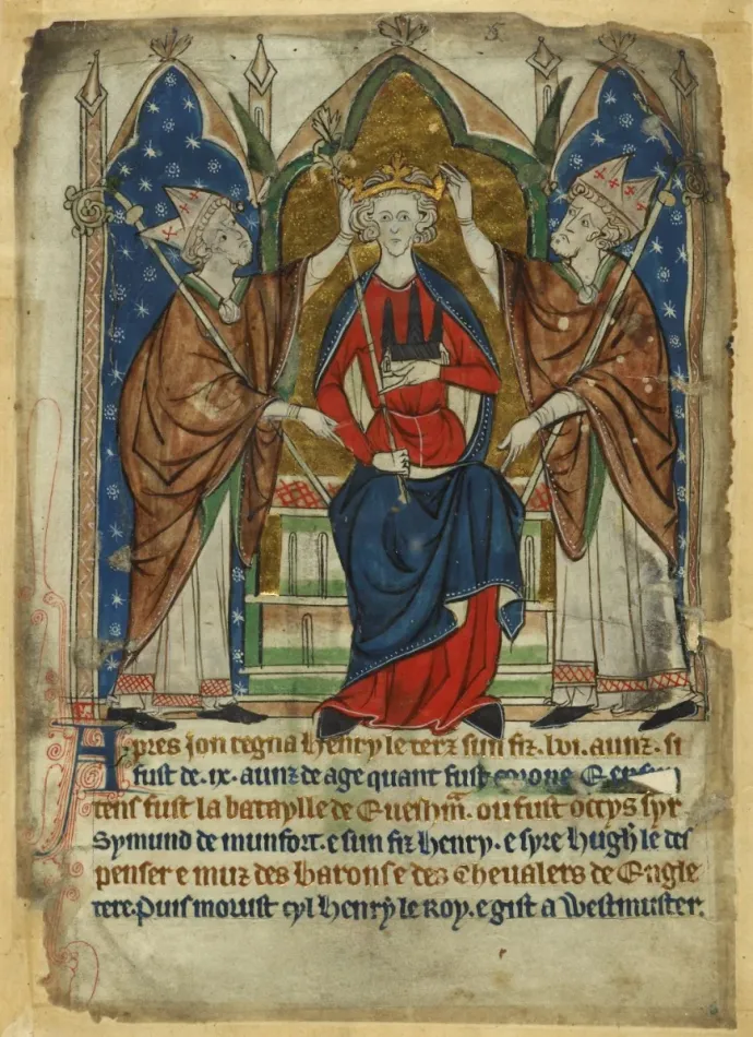 Miniatúra III. Henrik koronázásáról és uralkodásának rövid leírása angol-normann prózában – Fotó: The British Library