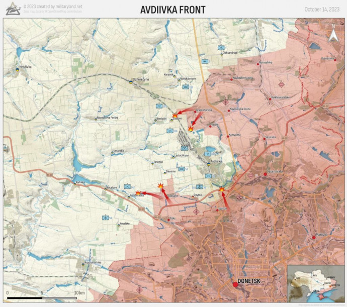 Az avgyijivkai front október 14-i állás szerint. Pirosas árnyalattal az orosz ellenőrzésű területek, a piros nyilak a támadási irányaikat jelzik. Forrás: Militaryland.net