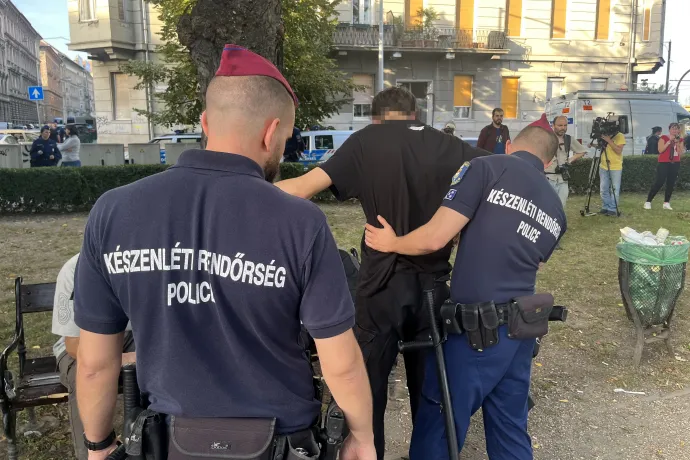 A rendőrség fokozott elellenőrztést tartott a demonstráció helyszínén, olyanokat is igazoltattak, akik nem a rendezvényre jöttek – Fotó: Simor Dániel / Telex