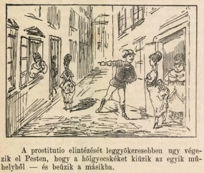 1869-ben a Borsszem Jankó is a prostitúció elleni látszatintézkedésekkel viccelt – Forrás: Borsszem Jankó 1869/96. szám / Arcanum Digitális Tudománytár