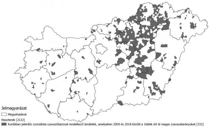 Az EP-választások eredményei alapján lévő települési osztályozás egyik csoportja – Forrás: NVI és OSM alapján Választási Földrajz szerkesztés.
