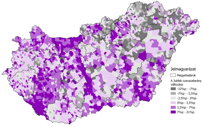 A Jobbik támogatottságának változása 2010 és 2018 között települési szinten – Forrás: OSM és NVI alapján a Választási Földrajz saját szerkesztése.