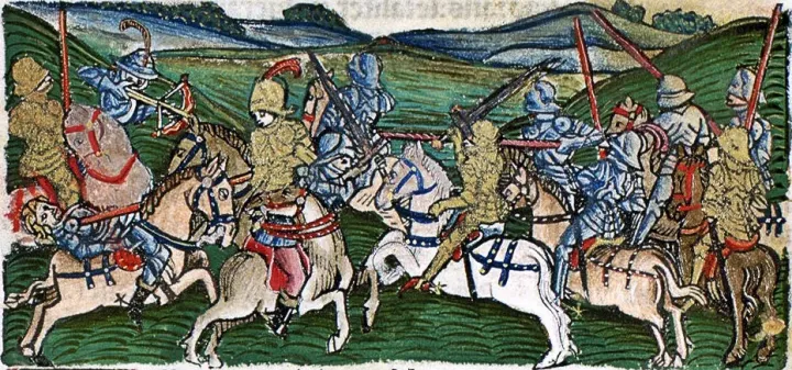 Sisakdíszes lovagok harca. A posadai csata illusztrálása a Thuróczi-krónikában – Forrás: Wikipédia