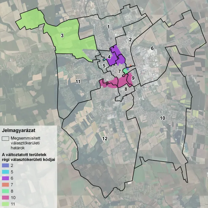 Szombathely választókerületi beosztásának változása – Forrás: Google műholdkép és a Választási Földrajz saját szerkesztése.